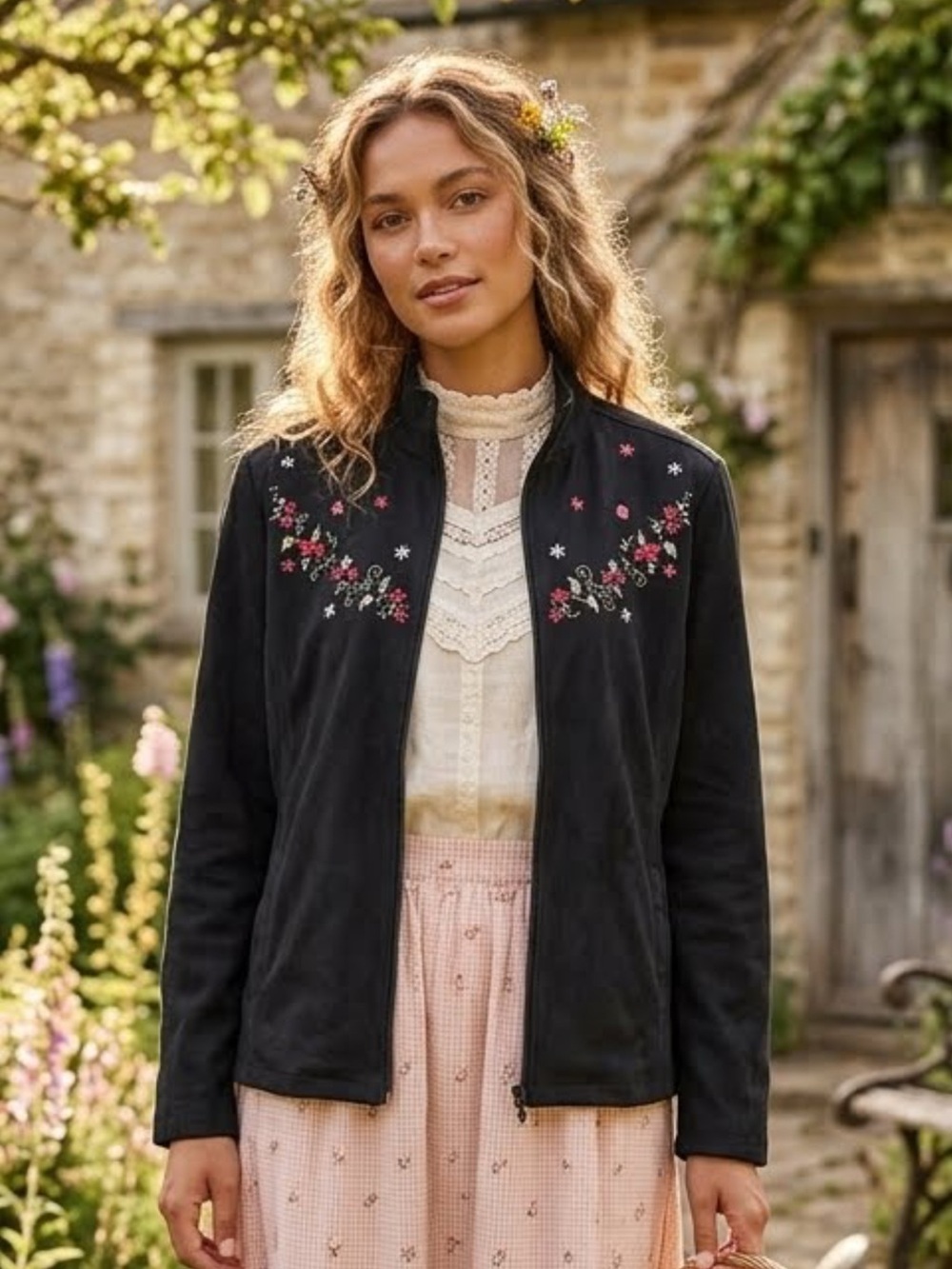 Susan Bentley Black Faux Suede Jacket Embroidered Pink Floral Cottagecore Size L